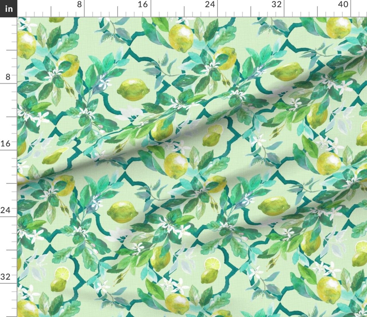 Watercolor Green Blue Yellow Ogee Vintage Italian Custom Printed Fabric by Spoonflower Various Fabrics by the Yard or Fat Quarter